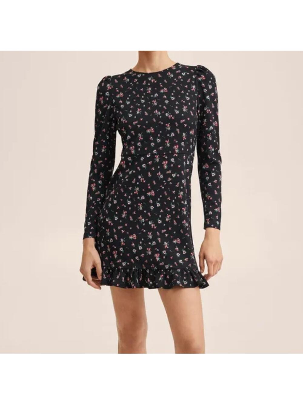NEW Mango Black Floral Long Sleeve Mini Dress Puff Shoulder Ruffle Hem Size XS